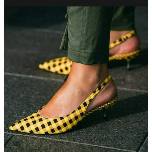 ZARA Women's Yellow/Black Gingham Slingback Pointed Toe Sandals Size 39 - Picture 2 of 9